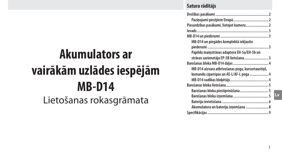 Satura rādītājs, Akumulators ar vairākām uzlādes iespējām mb-d14, Lietošanas rokasgrāmata | Nikon MB-D14 User Manual | Page 195 / 244