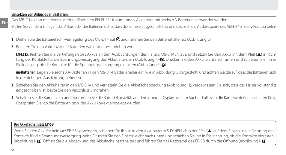 Einsetzen von akkus oder batterien | Nikon MB-D14 User Manual | Page 20 / 244