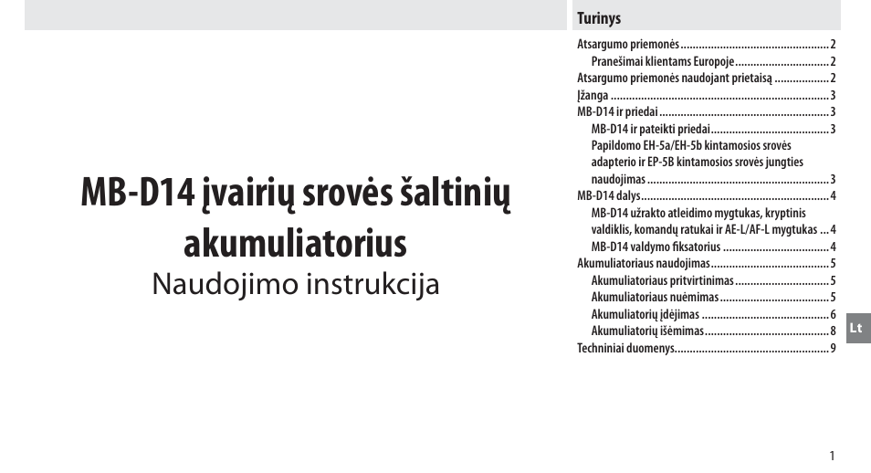 Turinys, Mb-d14 įvairių srovės šaltinių akumuliatorius, Naudojimo instrukcija | Nikon MB-D14 User Manual | Page 205 / 244