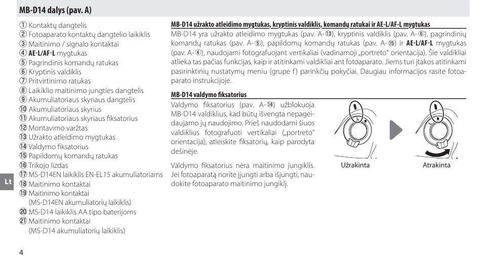 Mb-d14 dalys, Mb-d14 valdymo fiksatorius, Mb-d14 dalys (pav. a) | Nikon MB-D14 User Manual | Page 208 / 244