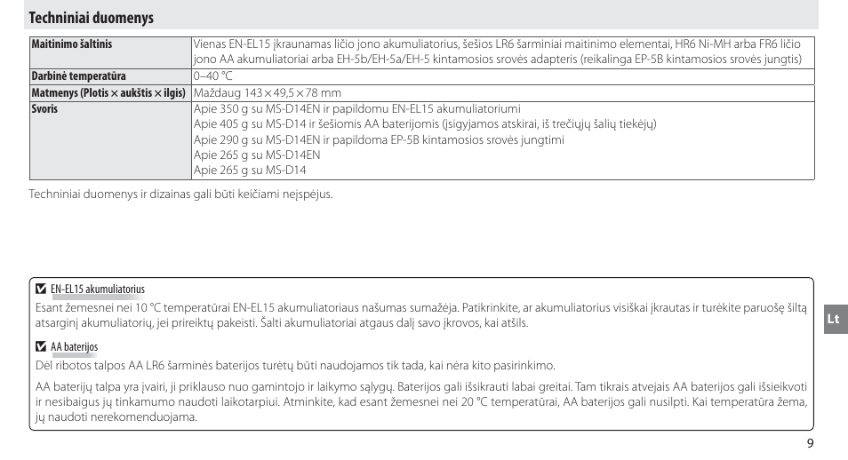 Techniniai duomenys | Nikon MB-D14 User Manual | Page 213 / 244