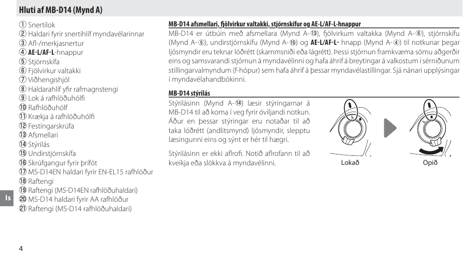 Hluti af mb-d14, Mb-d14 stýrilás, Hluti af mb-d14 (mynd a) | Nikon MB-D14 User Manual | Page 218 / 244
