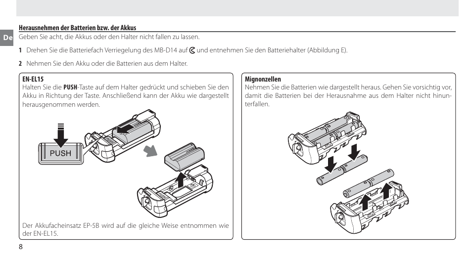 Herausnehmen der batterien bzw. der akkus | Nikon MB-D14 User Manual | Page 22 / 244