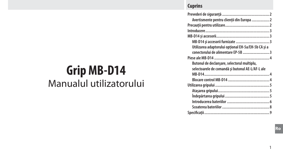Cuprins, Grip mb-d14, Manualul utilizatorului | Nikon MB-D14 User Manual | Page 225 / 244