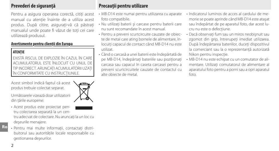 Prevederi de siguranţă, Avertismente pentru clienţii din europa, Precauţii pentru utilizare | Nikon MB-D14 User Manual | Page 226 / 244