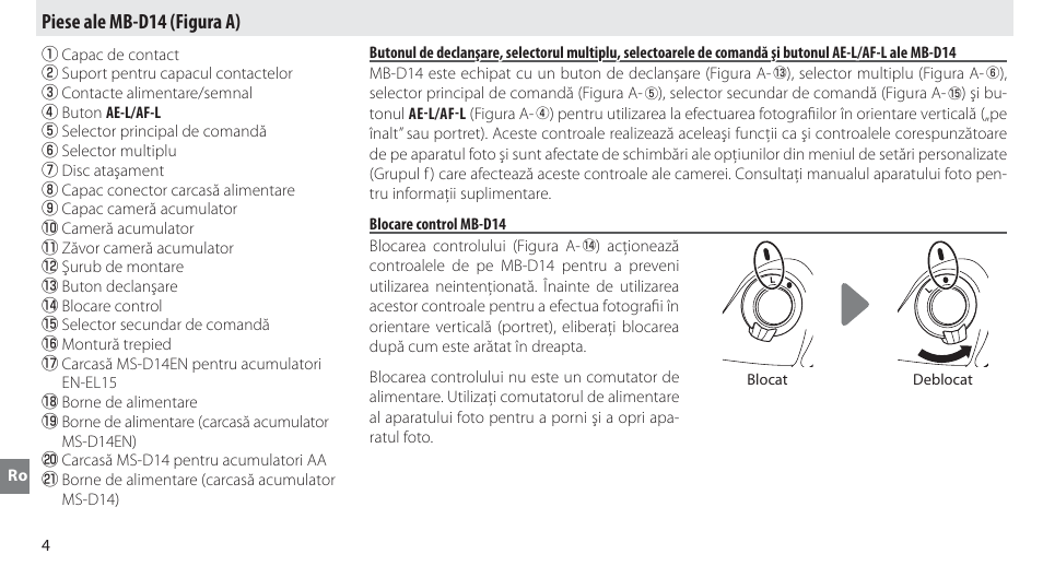 Piese ale mb-d14, Blocare control mb-d14, Piese ale mb-d14 (figura a) | Nikon MB-D14 User Manual | Page 228 / 244