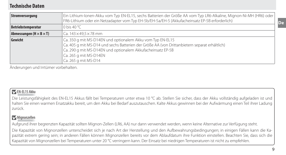 Technische daten | Nikon MB-D14 User Manual | Page 23 / 244