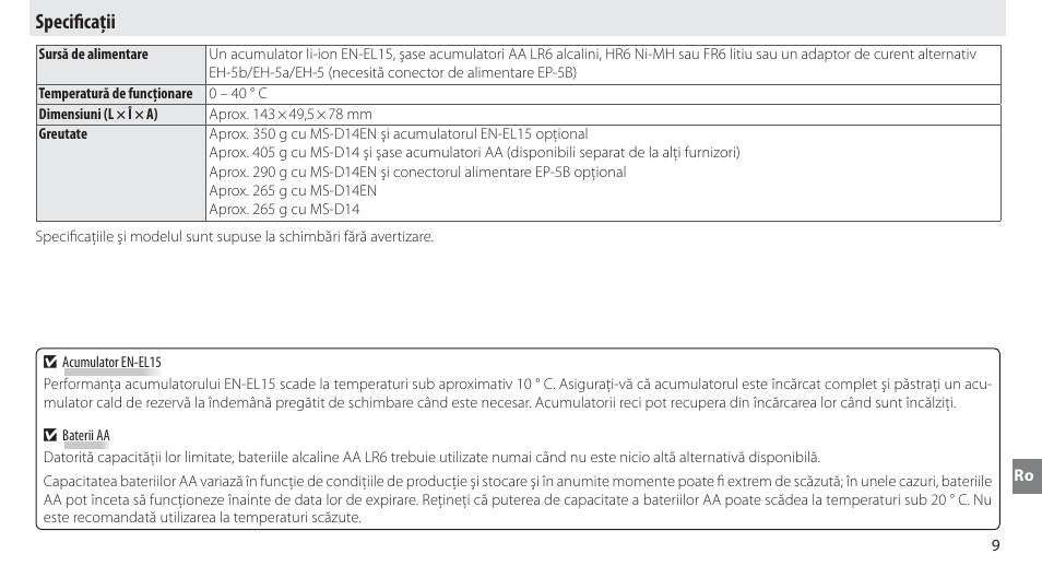 Specificaţii, Specifi caţii | Nikon MB-D14 User Manual | Page 233 / 244