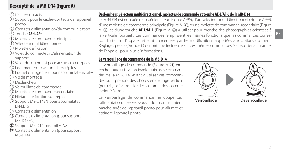 Descriptif de la mb-d14, Le verrouillage de commande de la mb-d14, Descriptif de la mb-d14 (fi gure a) | Nikon MB-D14 User Manual | Page 29 / 244