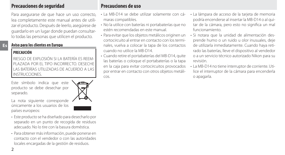 Precauciones de seguridad, Aviso para los clientes en europa, Precauciones de uso | Nikon MB-D14 User Manual | Page 36 / 244