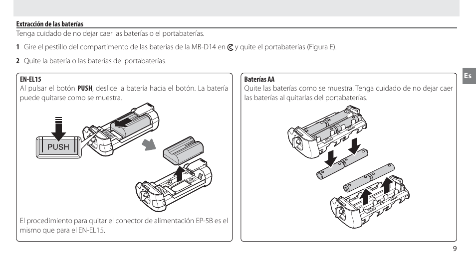 Extracción de las baterías | Nikon MB-D14 User Manual | Page 43 / 244