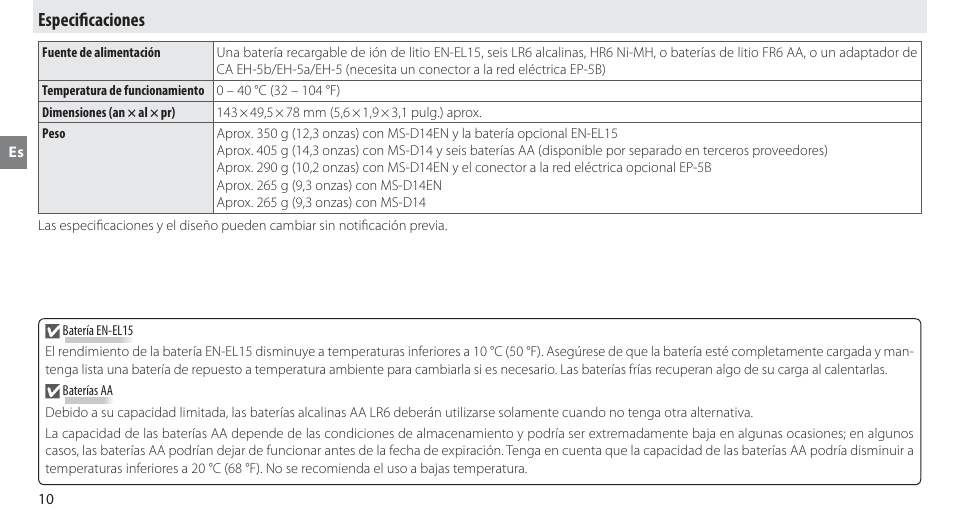 Especificaciones, Especifi caciones | Nikon MB-D14 User Manual | Page 44 / 244