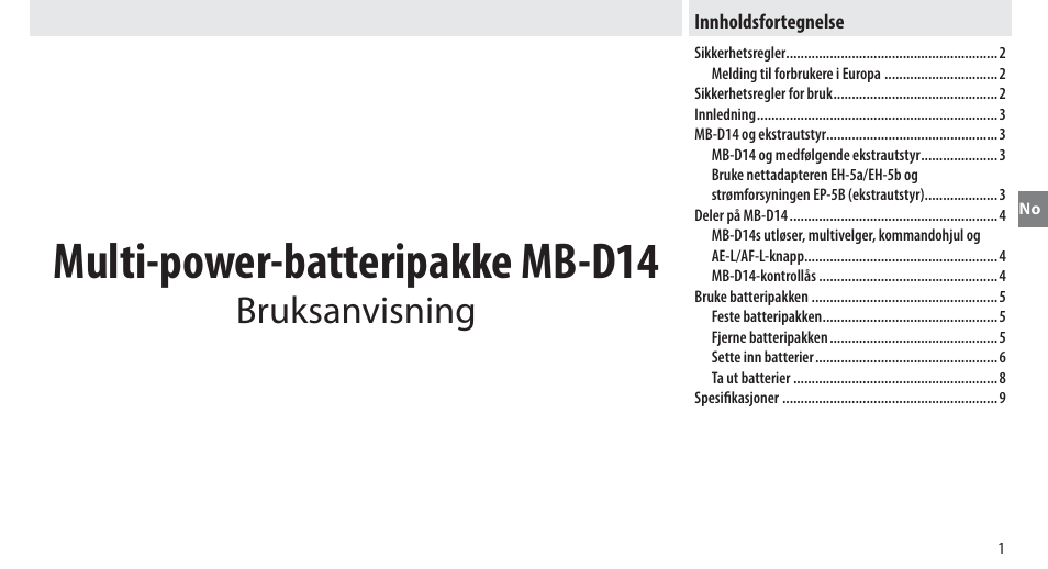 Innholdsfortegnelse, Multi-power-batteripakke mb-d14, Bruksanvisning | Nikon MB-D14 User Manual | Page 45 / 244