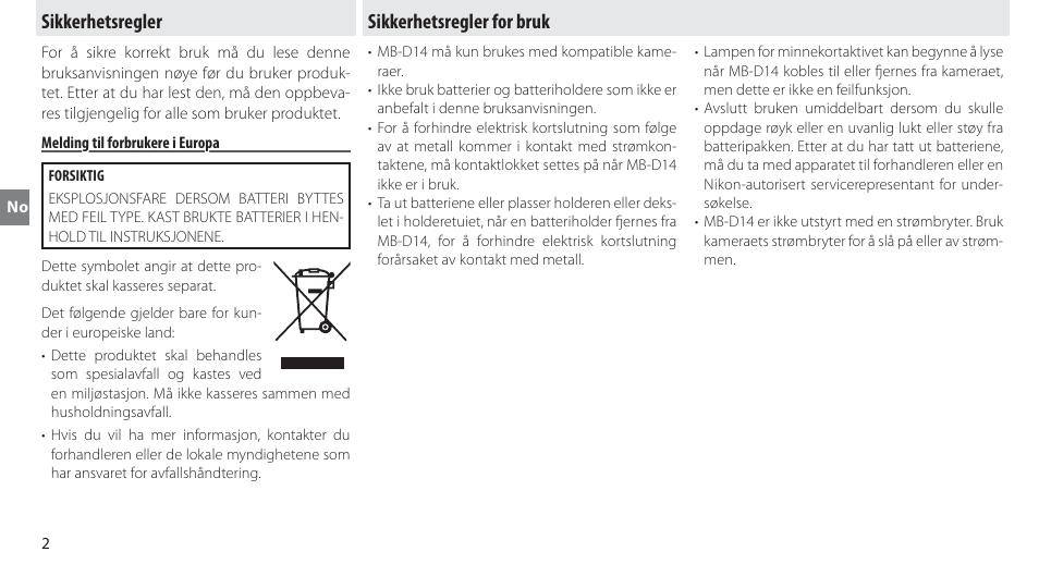 Sikkerhetsregler, Melding til forbrukere i europa, Sikkerhetsregler for bruk | Nikon MB-D14 User Manual | Page 46 / 244