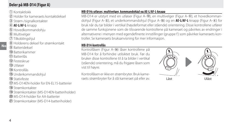 Deler på mb-d14, Mb-d14-kontrollås, Deler på mb-d14 (figur a) | Nikon MB-D14 User Manual | Page 48 / 244