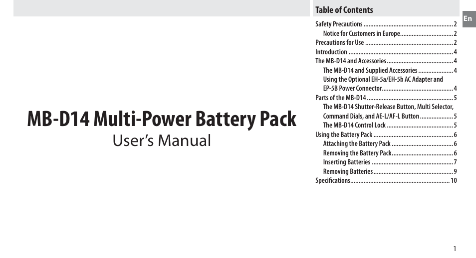 Nikon MB-D14 User Manual | Page 5 / 244