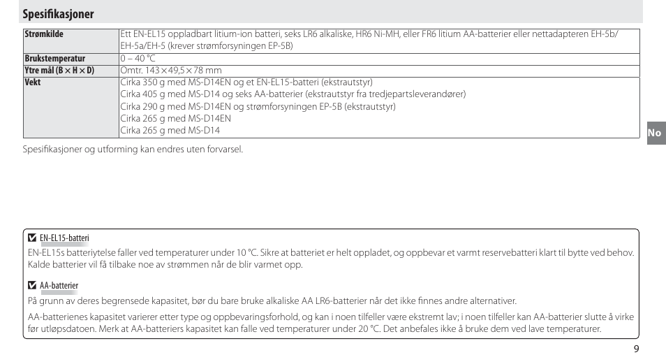 Spesifikasjoner, Spesifi kasjoner | Nikon MB-D14 User Manual | Page 53 / 244