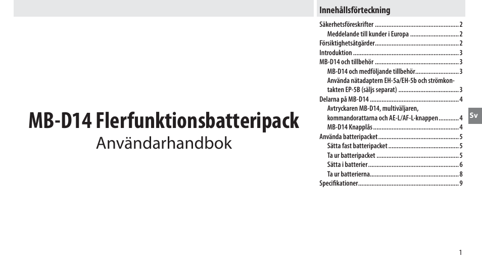 Innehållsförteckning, Mb-d14 flerfunktionsbatteripack, Användarhandbok | Nikon MB-D14 User Manual | Page 55 / 244