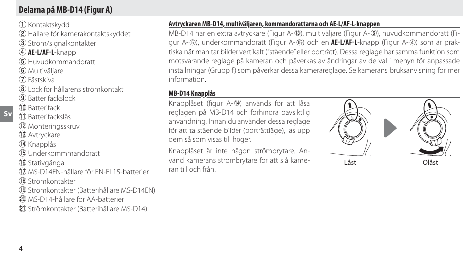 Delarna på mb-d14, Mb-d14 knapplås, Delarna på mb-d14 (figur a) | Nikon MB-D14 User Manual | Page 58 / 244