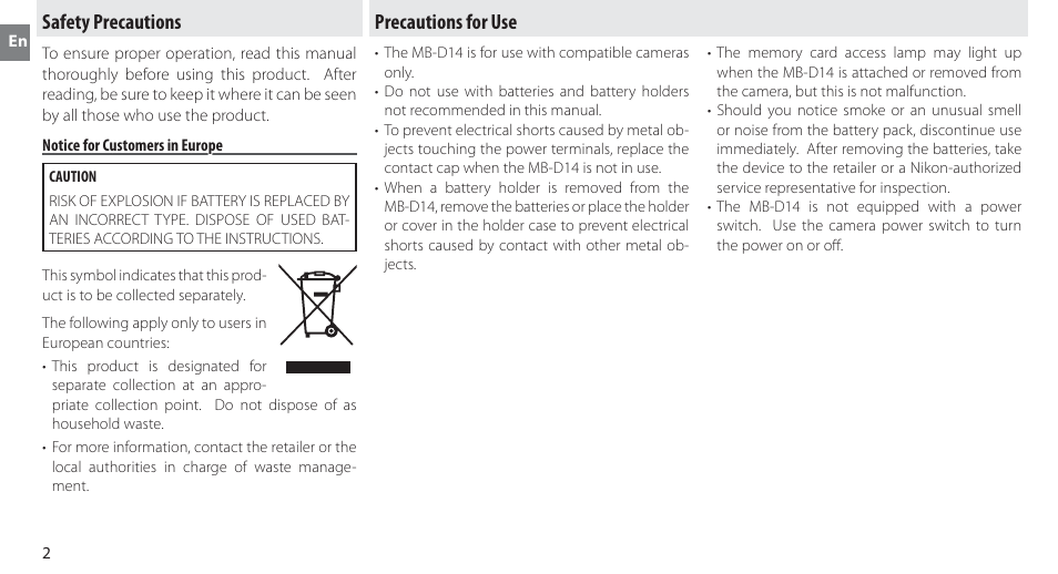 Safety precautions, Notice for customers in europe, Precautions for use | Nikon MB-D14 User Manual | Page 6 / 244