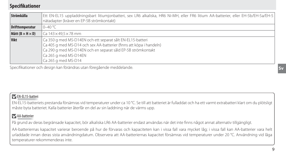 Specifikationer, Specifi kationer | Nikon MB-D14 User Manual | Page 63 / 244