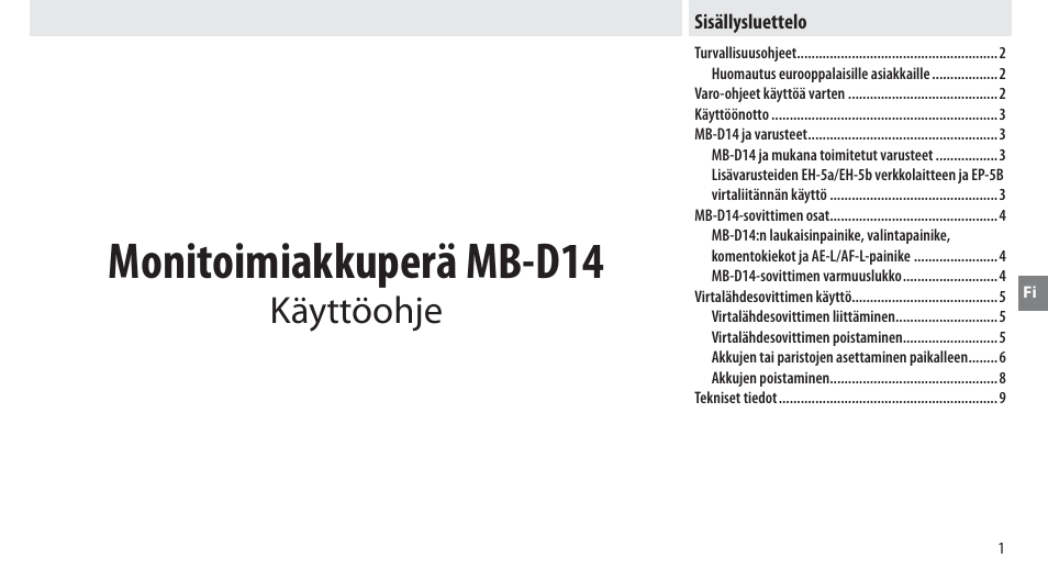 Sisällysluettelo, Monitoimiakkuperä mb-d14, Käyttöohje | Nikon MB-D14 User Manual | Page 65 / 244