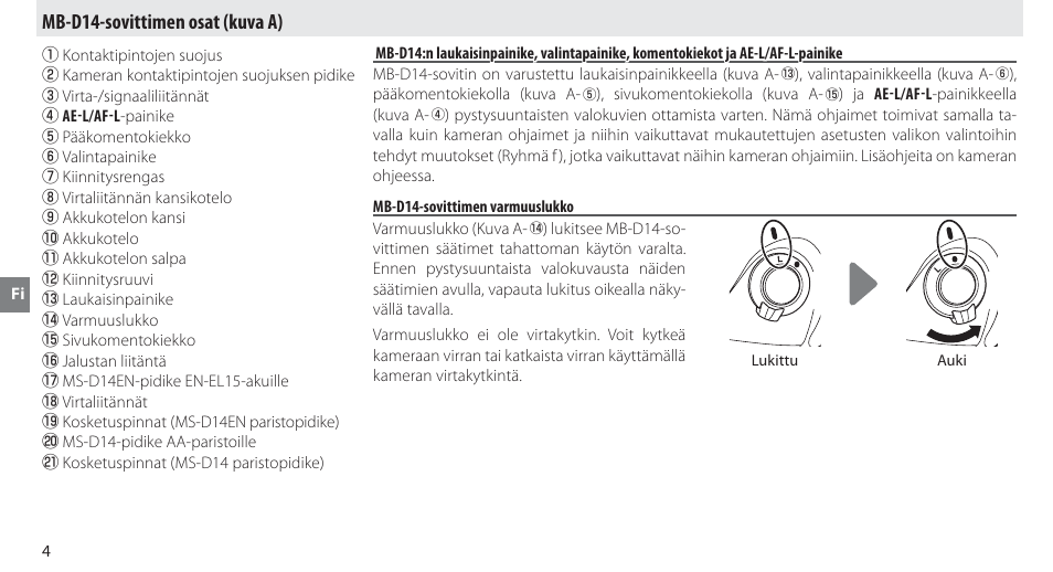 Mb-d14-sovittimen osat, Mb-d14-sovittimen varmuuslukko, Mb-d14-sovittimen osat (kuva a) | Nikon MB-D14 User Manual | Page 68 / 244