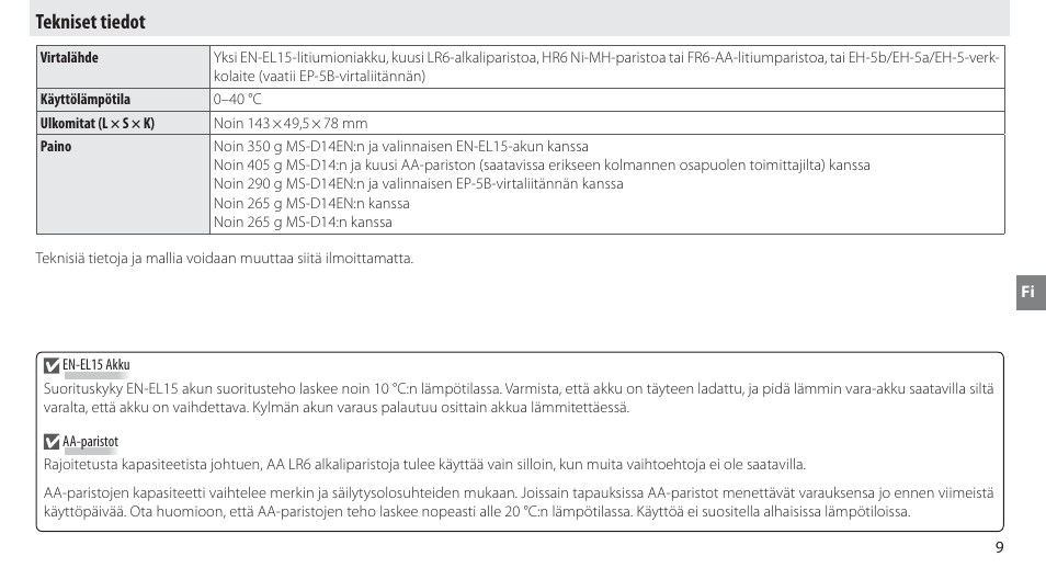 Tekniset tiedot | Nikon MB-D14 User Manual | Page 73 / 244