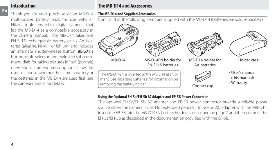 Introduction, The mb-d14 and accessories, The mb-d14 and supplied accessories | Introduction the mb-d14 and accessories | Nikon MB-D14 User Manual | Page 8 / 244