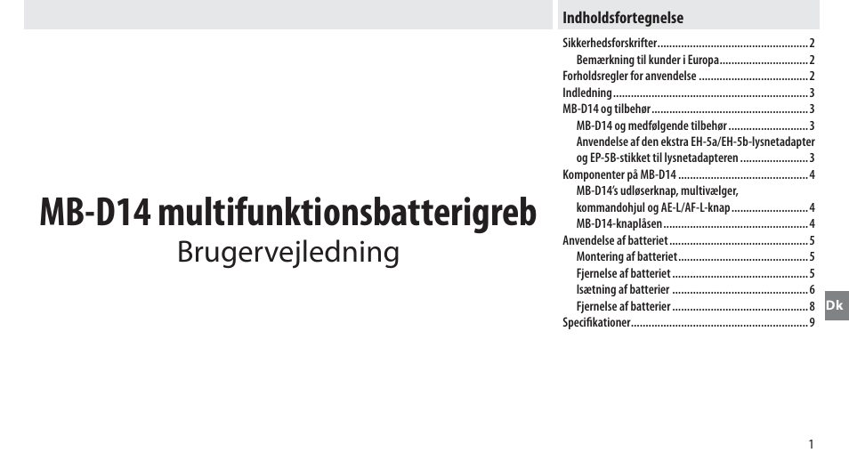 Indholdsfortegnelse, Mb-d14 multifunktionsbatterigreb, Brugervejledning | Nikon MB-D14 User Manual | Page 85 / 244