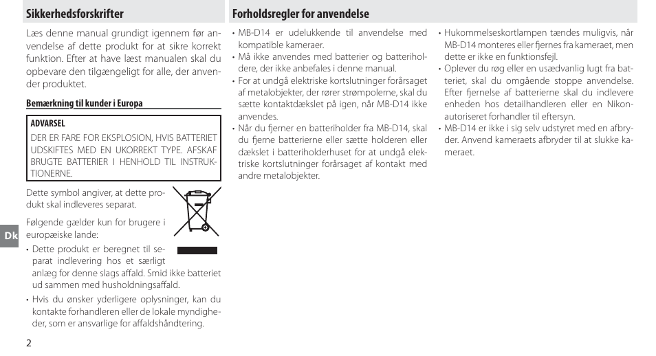 Sikkerhedsforskrifter, Bemærkning til kunder i europa, Forholdsregler for anvendelse | Nikon MB-D14 User Manual | Page 86 / 244