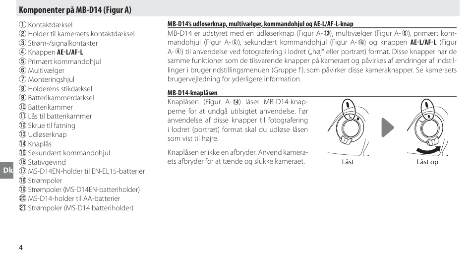 Komponenter på mb-d14, Mb-d14-knaplåsen, Komponenter på mb-d14 (figur a) | Nikon MB-D14 User Manual | Page 88 / 244