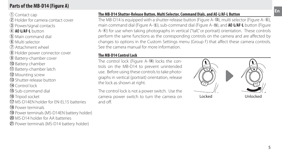 Parts of the mb-d14, The mb-d14 control lock, Parts of the mb-d14 (figure a) | Nikon MB-D14 User Manual | Page 9 / 244