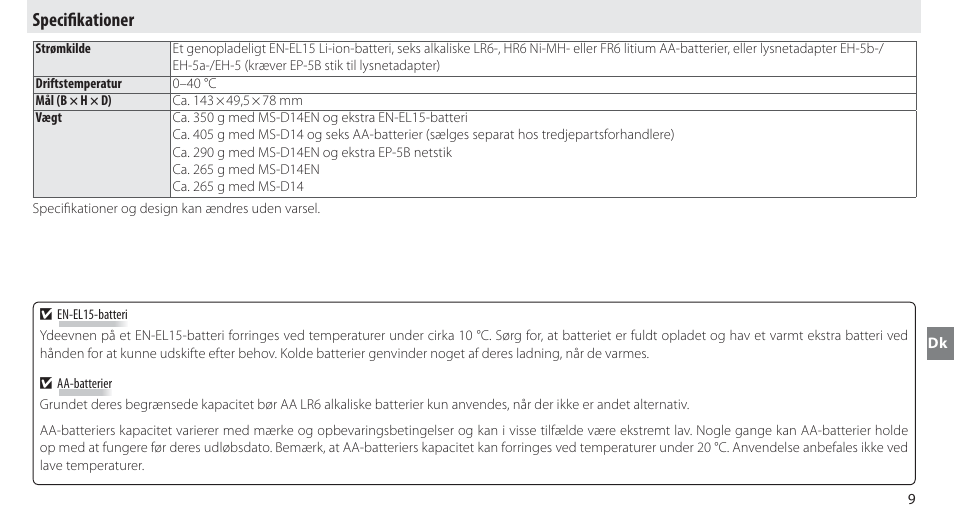 Specifikationer, Specifi kationer | Nikon MB-D14 User Manual | Page 93 / 244