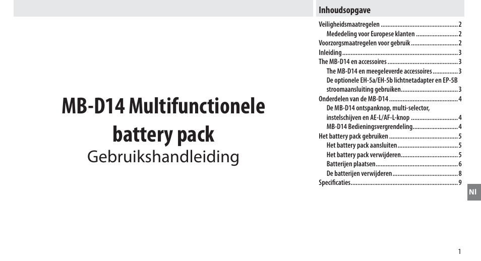 Inhoudsopgave, Mb-d14 multifunctionele battery pack, Gebruikshandleiding | Nikon MB-D14 User Manual | Page 95 / 244