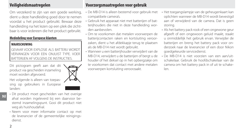 Veiligheidsmaatregelen, Mededeling voor europese klanten, Voorzorgsmaatregelen voor gebruik | Nikon MB-D14 User Manual | Page 96 / 244