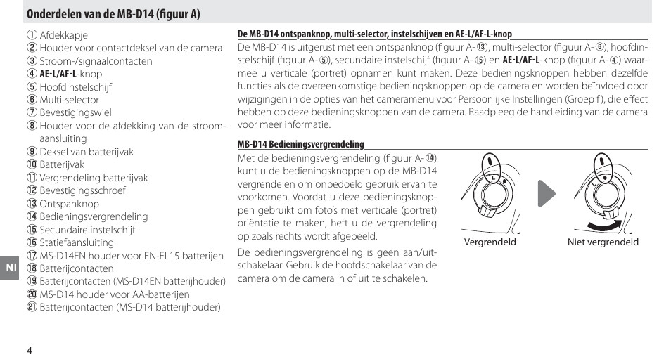 Onderdelen van de mb-d14, Mb-d14 bedieningsvergrendeling, Onderdelen van de mb-d14 (fi guur a) | Nikon MB-D14 User Manual | Page 98 / 244