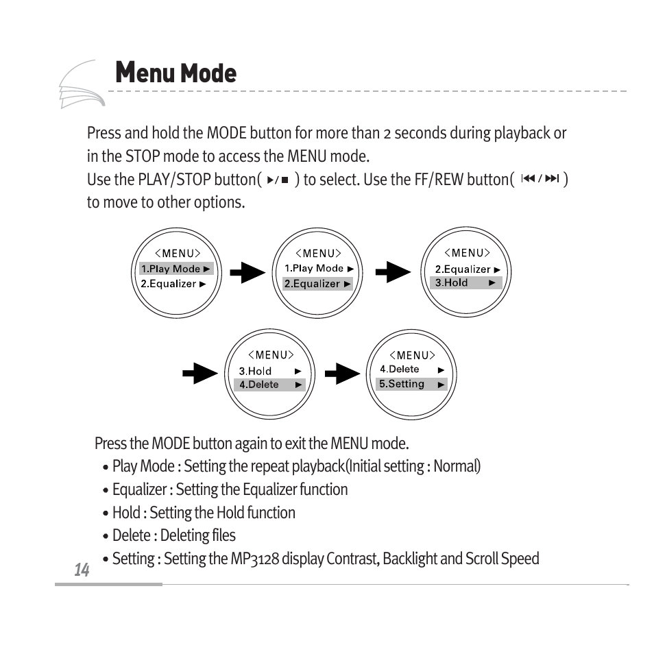 Enu mode | Audiovox MP3128 User Manual | Page 17 / 44