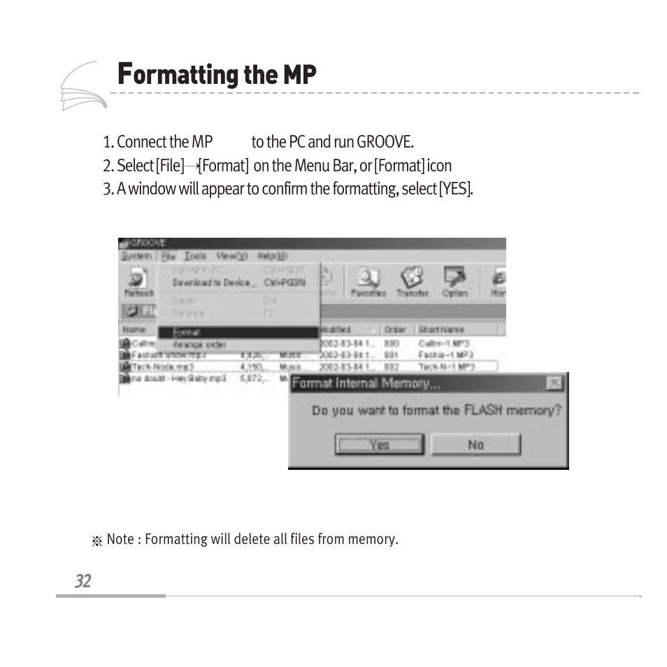 Ormatting the mp 3128 | Audiovox MP3128 User Manual | Page 35 / 44