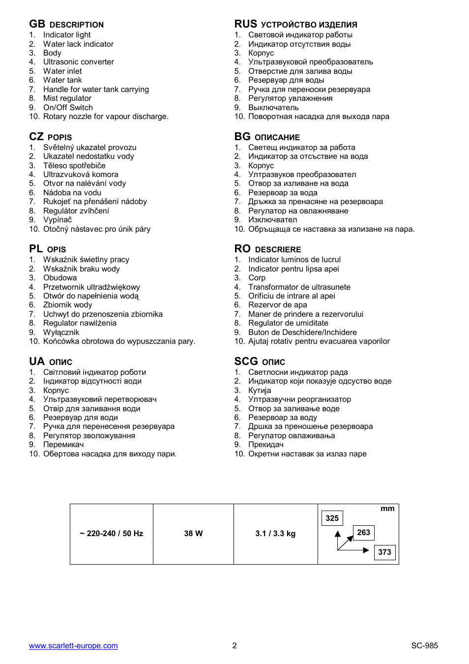 Ua scg | Scarlett SC-985 User Manual | Page 2 / 24