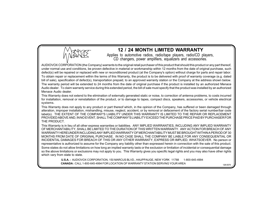 12 / 24 month limited warranty | Audiovox PA-S2100 User Manual | Page 15 / 16