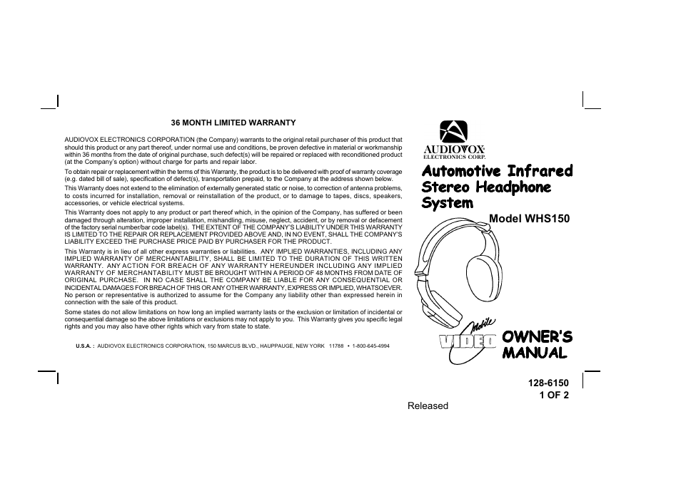 Audiovox WHS150 User Manual | 1 page