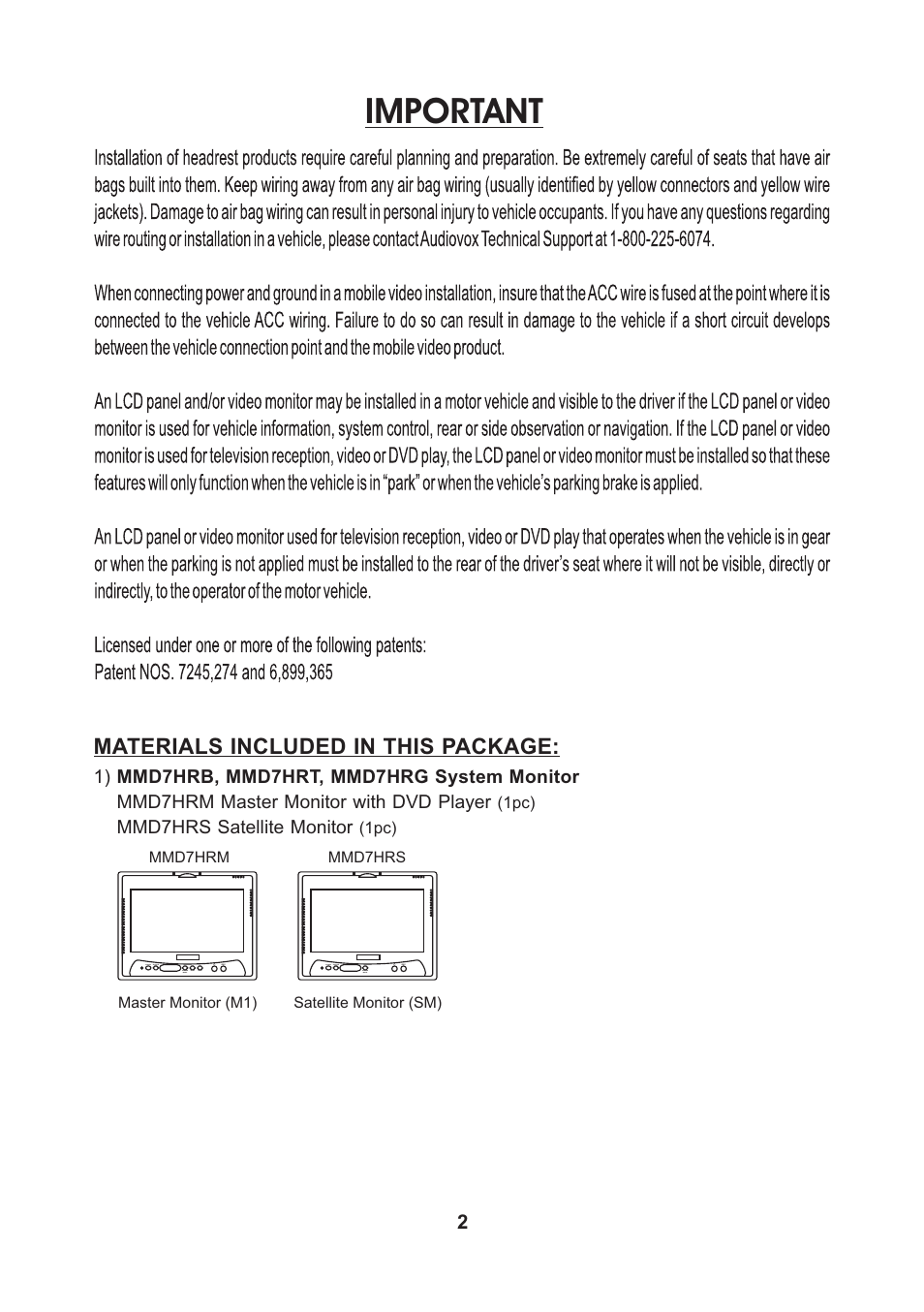 Important, Materials included in this package | Audiovox MMD7HRG User Manual | Page 2 / 12