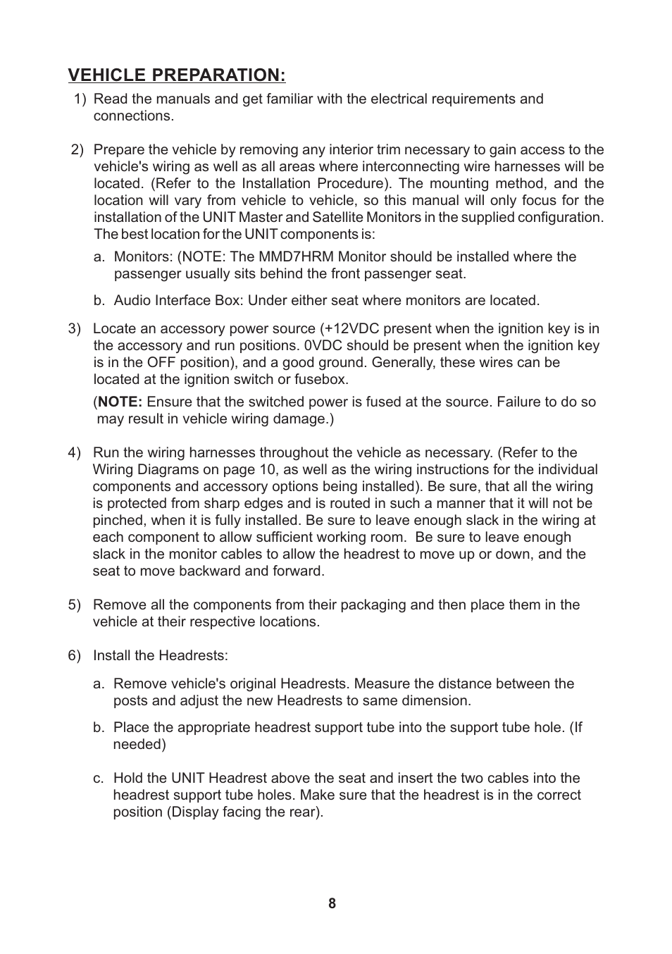 Vehicle preparation | Audiovox MMD7HRG User Manual | Page 8 / 12