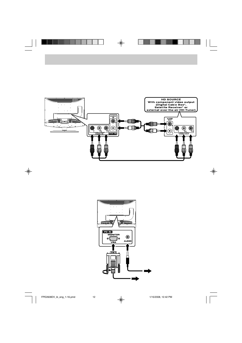 Connections, Connecting a high-definition (hd) source, Connecting a pc | Audiovox FPE2608DV User Manual | Page 13 / 31