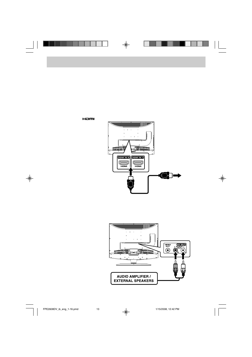 Connections, Connecting hdmi, Connecting an audio amplifier | Audiovox FPE2608DV User Manual | Page 14 / 31