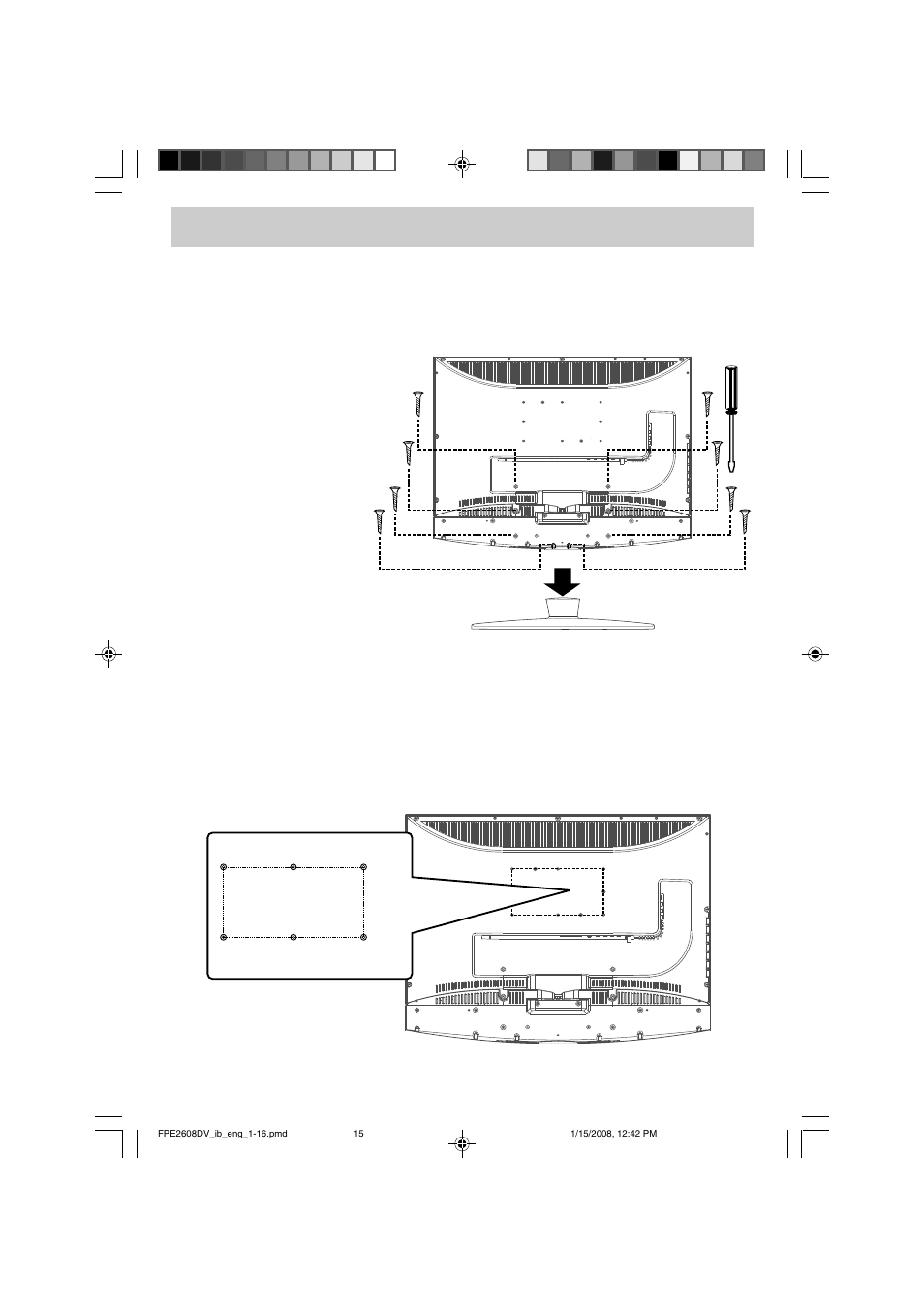 Installation, Removing the base stand, Mounting on the wall | Audiovox FPE2608DV User Manual | Page 16 / 31