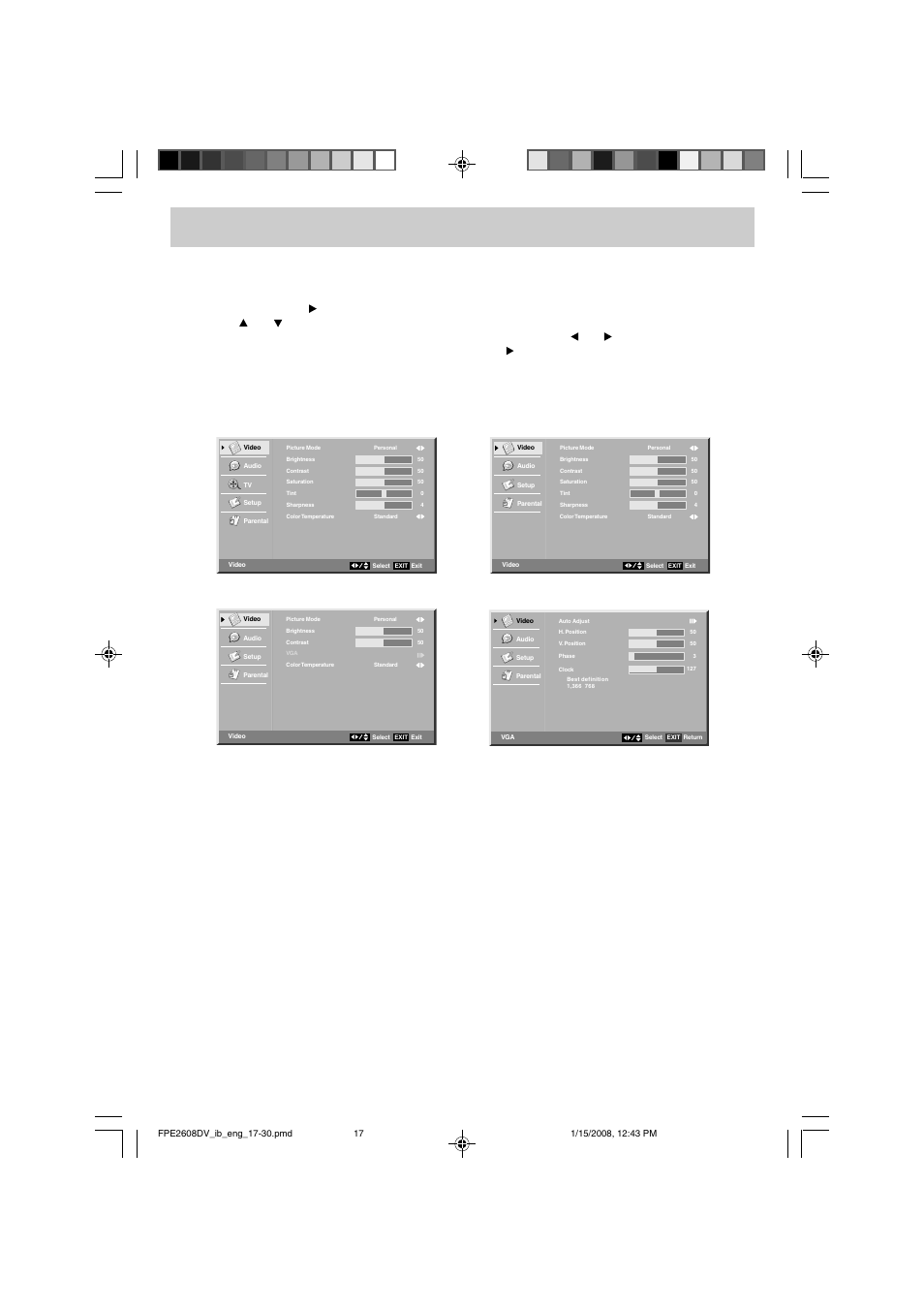 Tv setup, Video menu | Audiovox FPE2608DV User Manual | Page 18 / 31