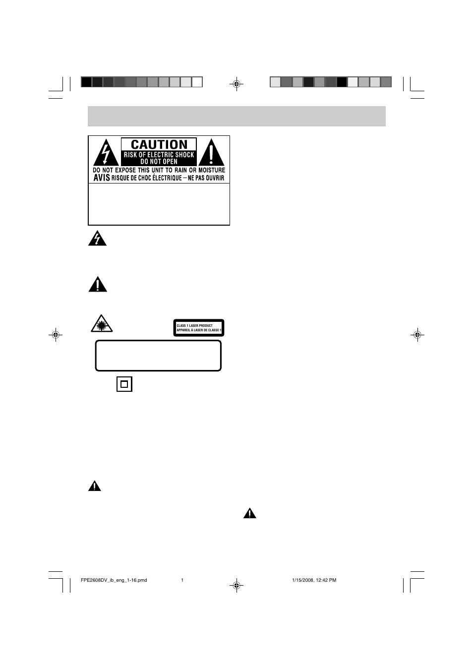 Safety precautions, Placement information, Safety information | Condensation information, Rating plate location, Fcc statements | Audiovox FPE2608DV User Manual | Page 2 / 31
