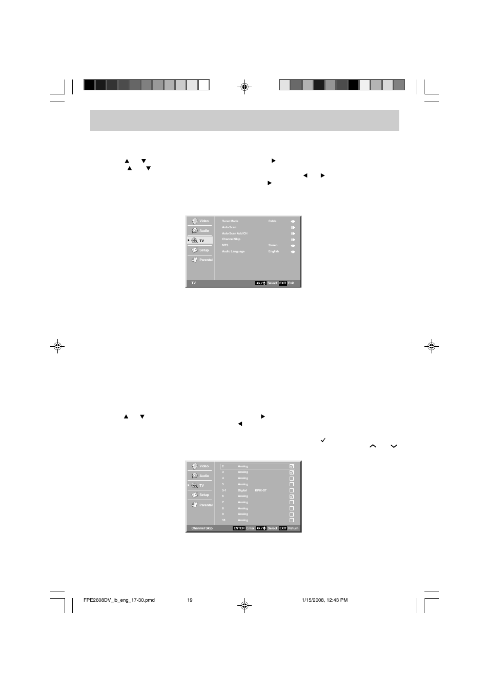 Tv setup, Tv menu (for tv mode only), Channel skip setting | Audiovox FPE2608DV User Manual | Page 20 / 31